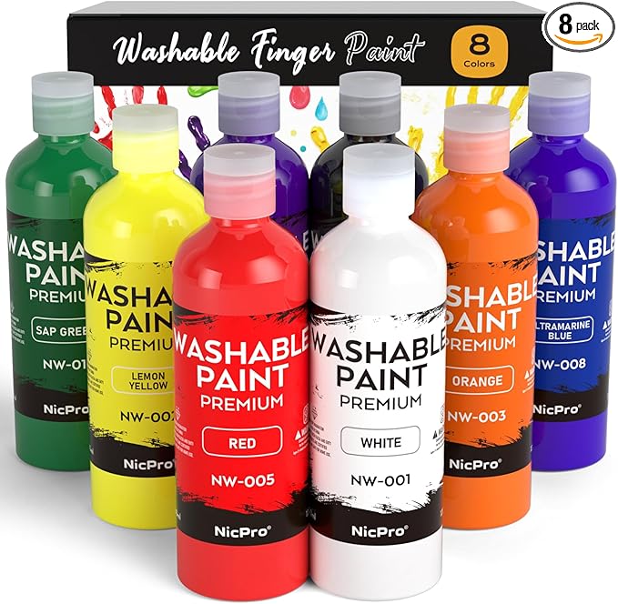 Nicpro 8 Colors Washable Finger Paint Set for Toddlers (4 oz), Non-Toxic & Baby Safe Paint for Hand and Feet, Mess Free Finger Painting Art Supplies for Kids Age 1-3 4 5 6+, Preschool Learning Gifts