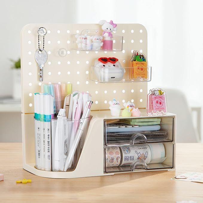 Comix Desk Organizer with Drawer, 360° Rotating Pen Holder for Desk, Pen Organizer with 5 Slots Pencil Holder+Pegboard+2 Drawer for Office Home Art Supplies (Beige)