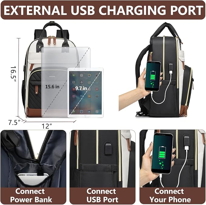 Laptop Backpack for Women Bag - 15.6 inch Work Travel Backpack with USB Charger College Bookbag Waterproof Business Computer Backpack Anti-theft Casual Backpacks for Nurse Teacher Beige Black Brown
