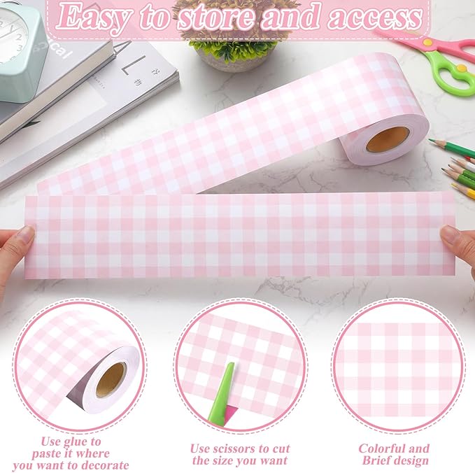 65.6 Ft Pink Gingham Bulletin Board Border Die Cut Straight Border Trim Plaid Checkered Classrooms Decor for Whiteboard Wall Desk Window Door Locker Office School Party