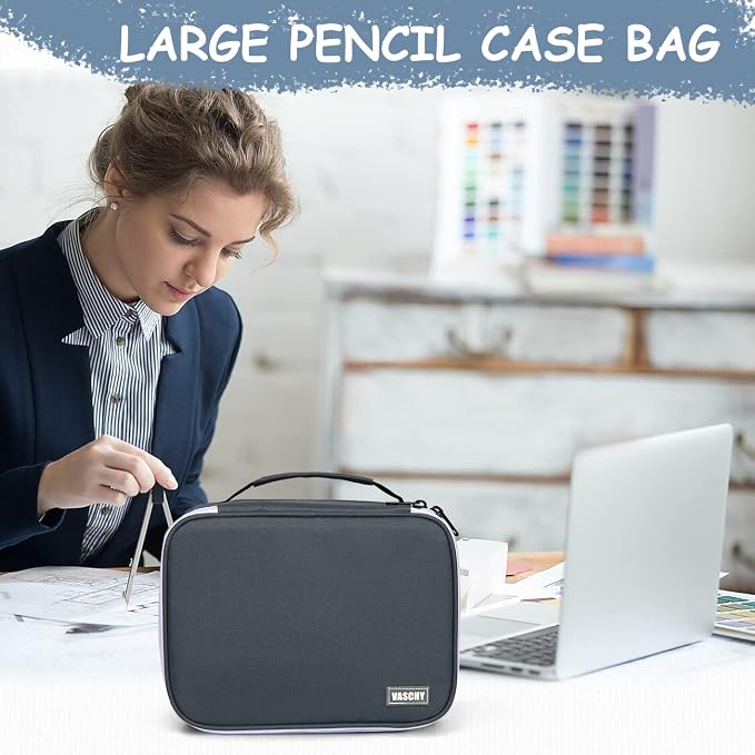 VASCHY Large Pencil Case, Art Color Pencils Pouch with Detachable Layers Multiple Zip Pockets for School Office Stationary Organization Dark Gray