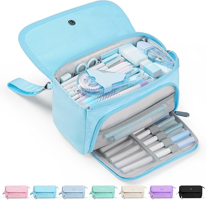 Sooez Super Large Pencil Case, Big Capacity Pencil Bag with 3 Compartments, can hold 100 pencils, Cute Pencil Pouch with Zipper, Portable Stationery Pen Bag, School Supplies For Teen Girl, Sky Blue