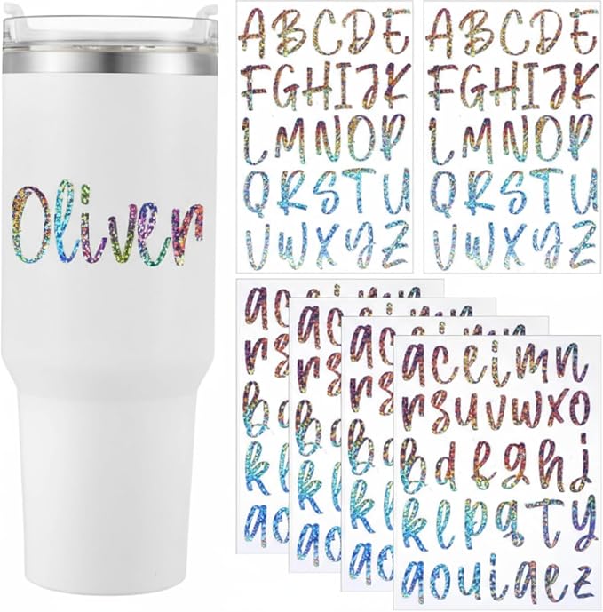 UV DTF Cup Wrap Letter Stickers Vinyl Decals,Colorful,6 Sheets | Personalized Name Stickers for Water Bottles Tumblers, Waterproof UV DTF Alphabet A-Z Stickers for 14-44oz Mugs DIY Craft