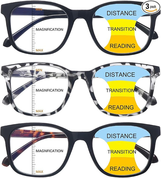 3 Pack Progressive Multifocus Reading Glasses Women Men Quality Computer Readers Anti UV Glare Eyeglasses (3 Mix Color, 1.0, diopters)