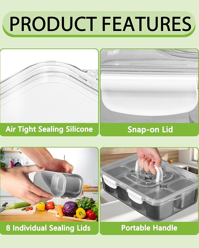 Snackle Box Container, 6-Compartment Stainless Steel Snack Box, Dishwasher Safety Snack Tray with Lid and Handle, Large Divided Serving Tray for Travel, Picnic, Beach, Pool and Parties