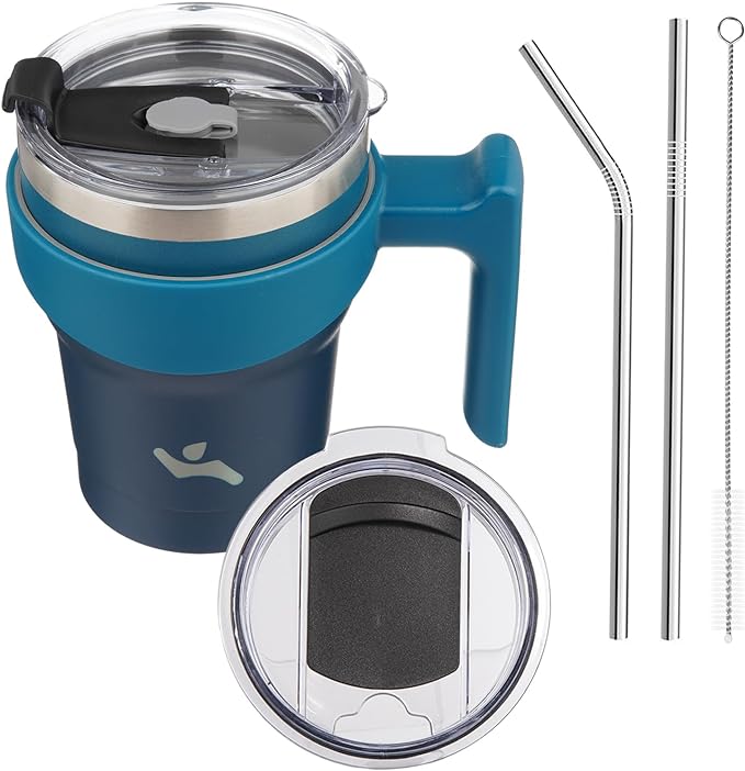 Konokyo 10 oz Tumbler with Handle and 2 Straw 2 Lid, Insulated Water Bottle Stainless Steel Vacuum Cup Reusable Travel Mug,Indigo Black