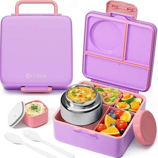 Fimibuke 60oz Leakproof Bento Lunch Box for Kids with 8.5oz Thermo Food Jar | 3-4 Compartment Toddler Lunch Box kids Food Container with Utensil Sauce Cup for School Boys Girls, Dishwasher Safe, BPA-Free