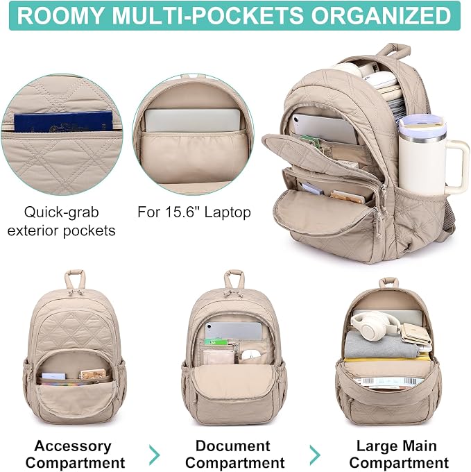 Travel Laptop Backpack for Women - 15.6 Inch College Backpacks Quilted Computer Bookbag Lightweight Casual Daypack Water-Resistant Backpacks for Students Teacher Work Camel