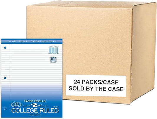 Roaring Spring Loose Leaf Paper, 11" x 8.5", 150 Sheets Per Pack, 15 lb White College Ruled Filler Paper With Margin, 3-hole Punched, Proudly Made in the USA (Case of 24 Packs))