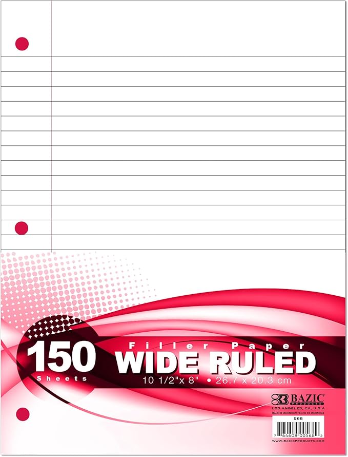 BAZIC Products Filler Paper Loose Leaf Papers 150 ?Sheet, Wide Ruled 3 Hole Punched for Ring Binders, for Office School Student Writing, 1-Pack