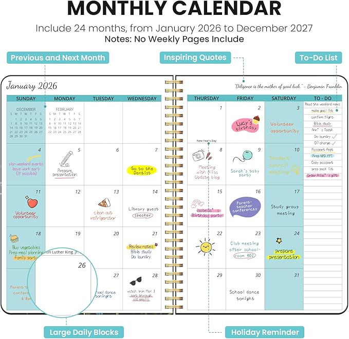 Monthly Planner 2026-2027, Aesthetic 2 Year Months Planner Calendar, 24-Months from January 2026 - December 2027, 26-27 Monthly Calendar Planner, Perfect for School Office Home, 7" x 10" - Peony Bloom