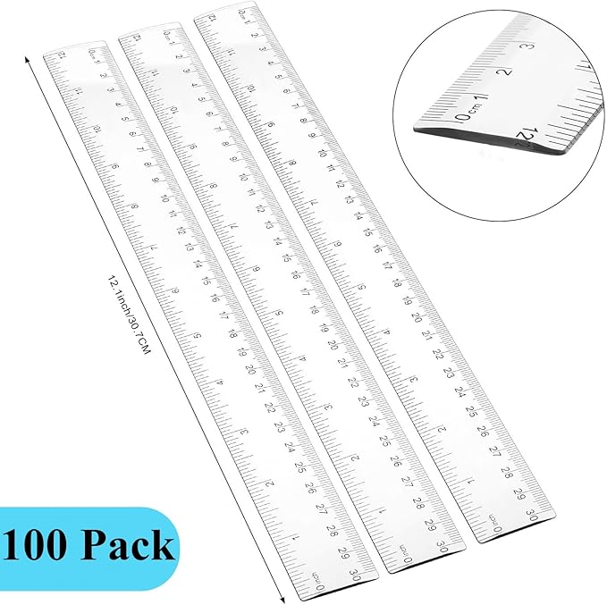 Zonon 100 Pcs 12 Inch Rulers Bulk Clear Plastic Straight Ruler for First Day of School Gift Back to School Supplies Flexible Measuring Tool with Centimeters and Inches for Student Office