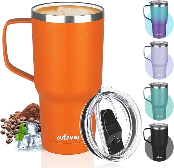 20 oz Insulated Coffee Mug with Ceramic Coating, Stainless Steel Travel Mug Tumbler with Handle Lid and Straw, Double Wall Leak-Proof Coffee Travel Mug Keeps Drink Hot and Cold (Orange)