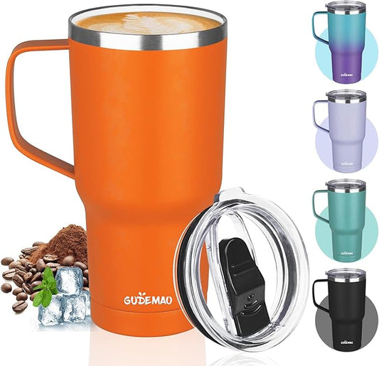 20 oz Insulated Coffee Mug with Ceramic Coating, Stainless Steel Travel Mug Tumbler with Handle Lid and Straw, Double Wall Leak-Proof Coffee Travel Mug Keeps Drink Hot and Cold (Orange)