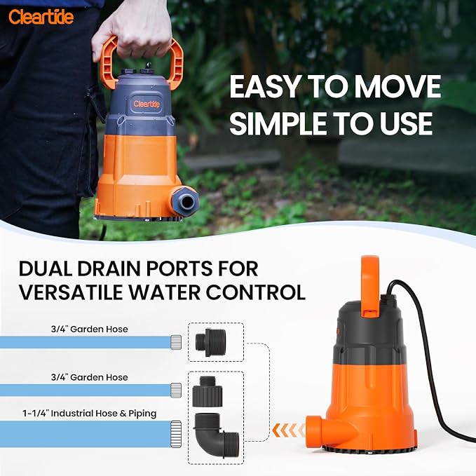 Submersible Utility Water Pump, 2160 GPH Portable Sump Pump with Copper Motor, Plug and Work for Pond, Garden Watering, Pool Transfer, or Hot Tub Emptying