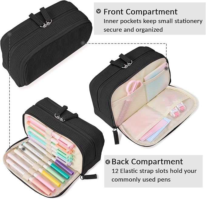 Sooez Big Capacity Pencil Case Pen Pouch, Soft Corduroy Pencil Bag with 3 Compartment, Multiple Pockets, Sturdy Zipper, Cute School Supplies Pen Bag Organizer For Teen Girls College, Black