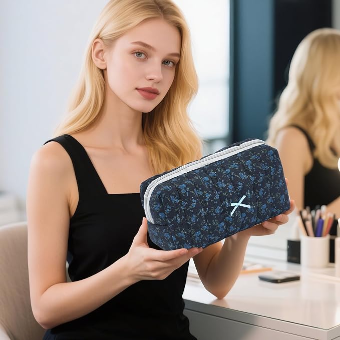 Makeup Bag Travel Toiletry Bag for Women, Small Cosmetic Bags Aesthetic Organizer Quilted Cotton Makeup Pouch&Purse Emergency Bag Floral Pencil Case Accessory Bag, Midnight Blue