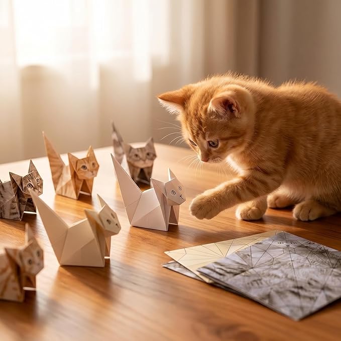 3D DIY Origami Cat Kit for Adults & Teens – 50 Cute Paper Cats to Fold, Relaxing Paper Craft Kit for Cat Lovers, No Glue or Scissors Needed