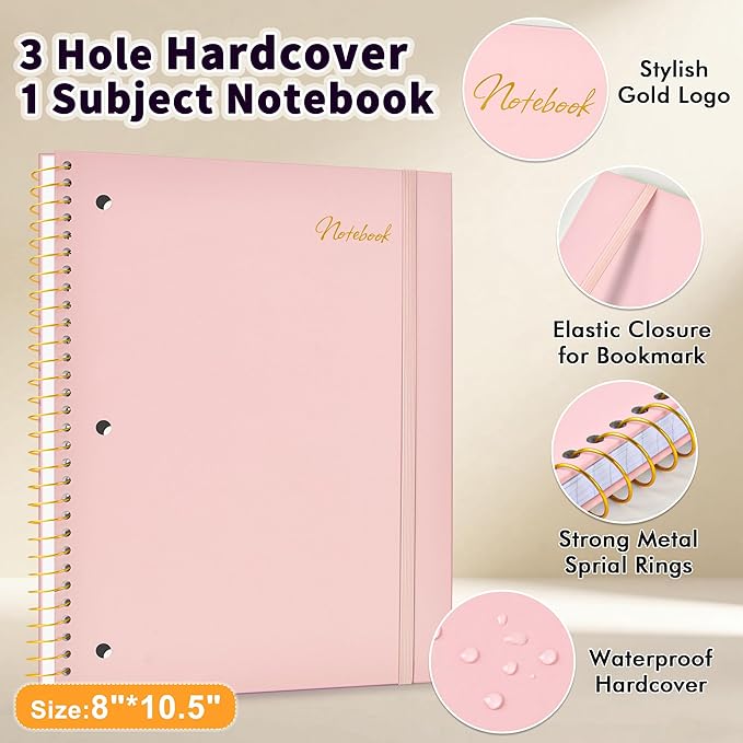 Spiral Notebook College Ruled Paper 8" x 10-1/2", 1 Subject Spiral Notebook 80GSM Paper, 3-Hole Punched Perforated Pages Ideal for School, Office, Writing, 75 Sheets Lined Journaling Notebook, Pink
