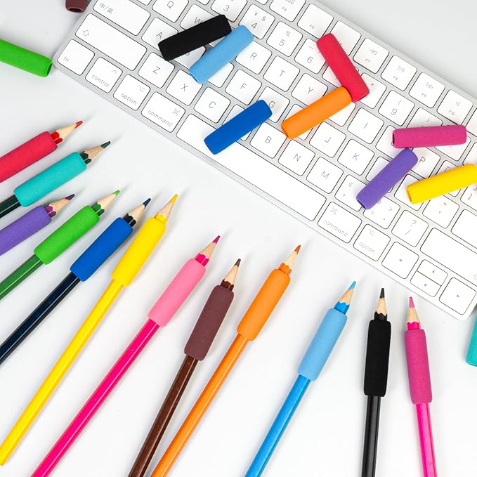 24 Pack Soft Foam Pencil Grips, 1.6" Long Ergonomic Pen Grips, 12 Assorted Colors, Cushioned Writing Aid for Kids & Adults, Comfortable Pencil Holder to Relieve Hand Fatigue, School & Office Supplies