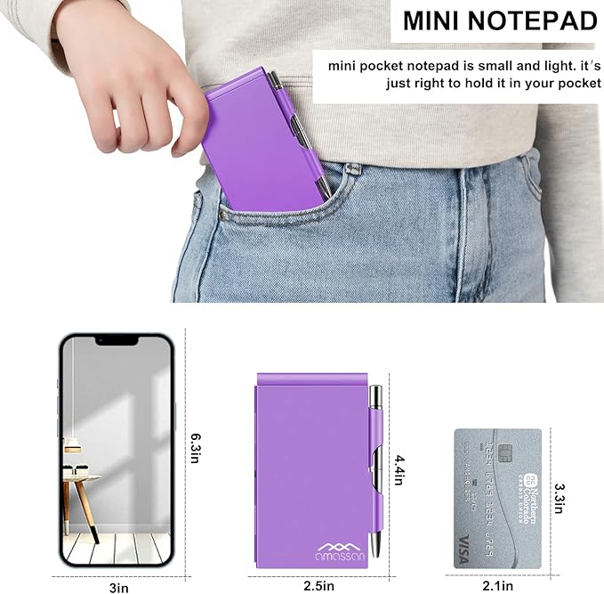 Metal Small Notebook, Mini Notepad, Small Pocket Notepad Aluminum Note Case with Mini Metal Pen and 60-Page Sheets - Memo Books Note Pads, Solid Purple