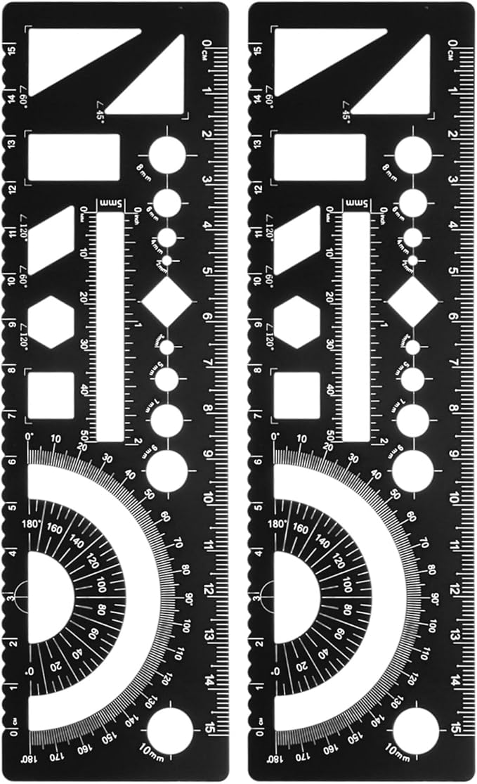 HARFINGTON 2pcs Multifunctional Geometric Rulers 15cm Metric and SAE Aluminum Straight Edge Protractor Angle Math Measuring Ruler Geometric Drawings Templates for Drawing Drafting, Black
