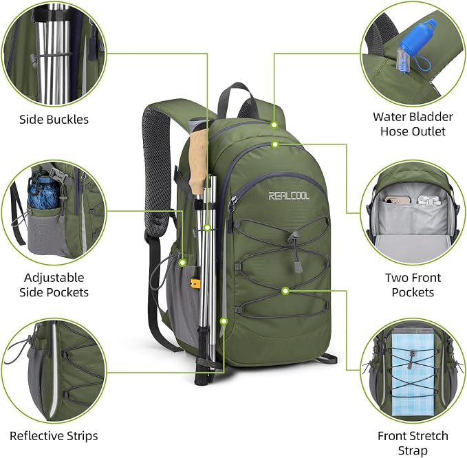 RealCool 30L Lightweight Hiking Backpack, Waterproof Daypack for Camping | 210D tear-resistant nylon, breathable shoulder and back panel, Multi-Compartment,hydration system,reflective strip,bungee net