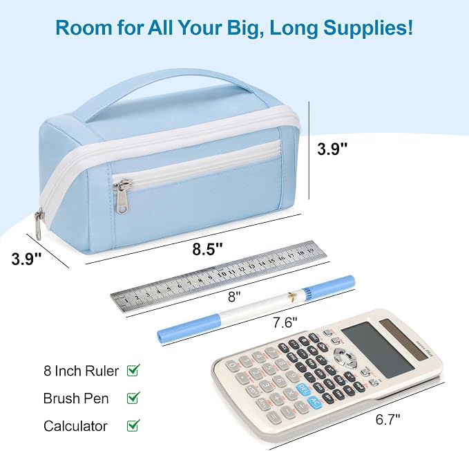 Large Capacity Pencil Case - Pencil Pouch for Teen Girls & Boys, Aesthetic Pouch Organizer with 8 Compartments, Wide Opening Marker Bag for Middle High School College, Fits Calculator, Blue