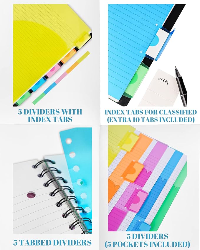 5 Subject Notebook, 2 Pack College Ruled Notebook with Storage Divider Pockets, Index Tabs, 11" Ruler, 200 Pages, for Writing Journal, School, Business, Office Supplies, A4, (2pcs Blue)