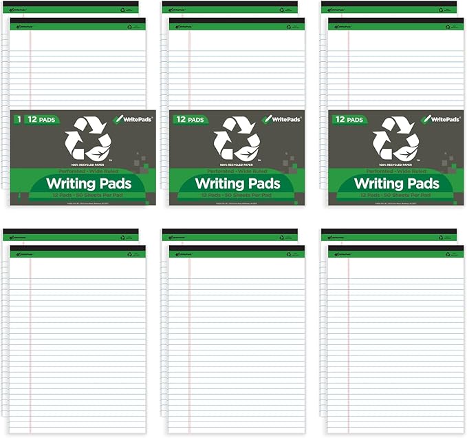 KAISA White Legal Pads Writing Pads 600 Sheets Recycled Paper, 8.5"x14" Wide Ruled Lined Paper Perforated 50 sheets Hard Back Notepads Large Legal Pad Writing Tablet For Office Supplies (White 12pads)