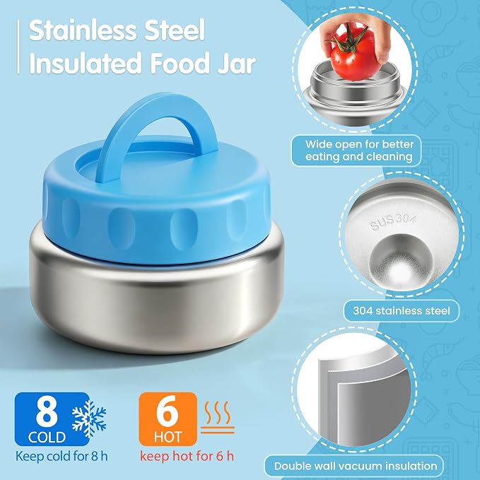 Stainless Steel Bento Box Kids Adult with 8oz Soup Thermo, 3 Compartments Metal Bento Lunch Box with Insulated Food Jar,Lunch Box Container Sauce Cup for School,BPA-Free(Blue)