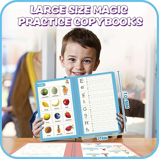 Upgraded Large Size Magic Practice Writing Copybook for Kids, Reusable Copybook Preschool - 4 Books with Pens - Blue Bag