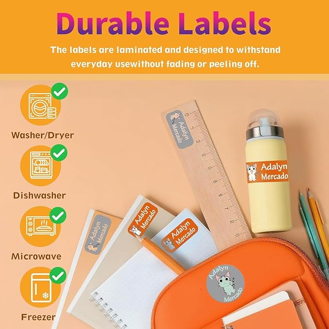 Custom Personalized Name Labels for Kids-(200-1000Labels) Waterproof Name Stickers Tags for School&Daycare,Clothing Tags,Washable&Durable Labels for Lunch Boxes, Bottles,Toys&GEA (Dinosaur)