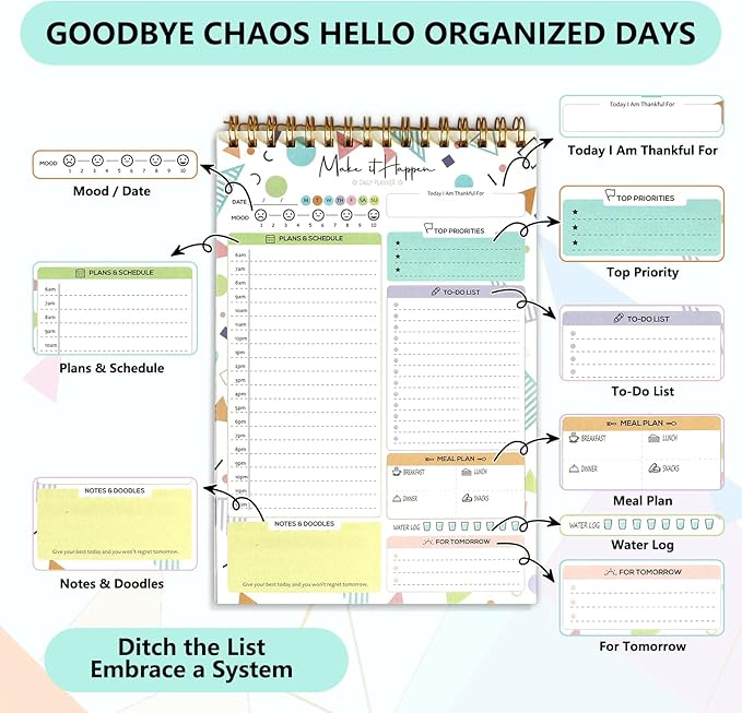 To Do List Notepad Undated Daily Planner, 5.6 x 8.5 Spiral Task Planner Notebook with Checklist & Multiple Sections, 52 Detachable Sheets Productivity Organizer for Work Office School Home