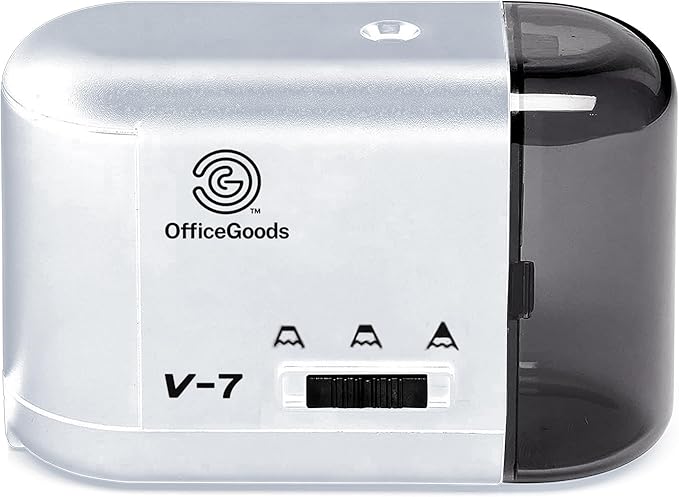 OfficeGoods Electric Pencil Sharpener - Battery or Cord Powered Portable Sharpener - Perfectly Sharpens Colored Pencils, Drafting Pencils for Kids, Adults, Office, School and Home - Silver