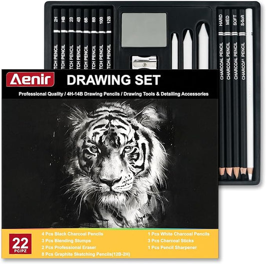Aenir Charcoal Pencils for Drawing, Set of 22, Professional Drawing Sketch Pencils, Charcoal Art Supplies for Sketching, Shading, Artist Charcoal Supplies for Beginners & Pro Artists.