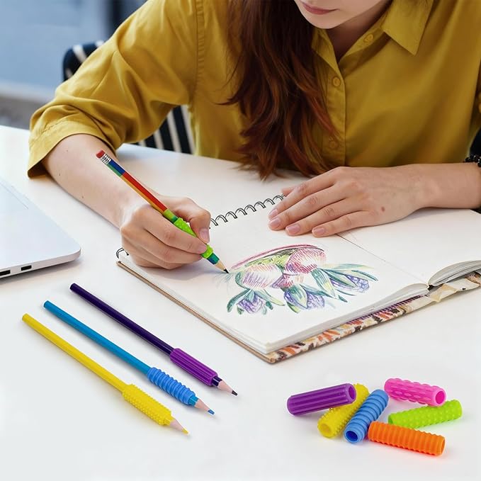 Sequiay 12 Pcs Pencil Grips Handwriting, Textured Silicone Pencil Grip - ADHD Tools, Helps Ease Autism, Anxiety, and Stress (6 Colorful)