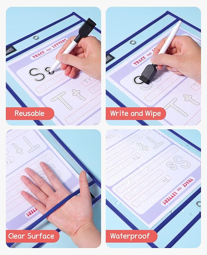 Gamenote Dry Erase Pockets 30 Pack with Rings - Oversized Reusable Plastic Sleeves Shop Ticket Holders Sheet Protectors Teacher Supplies for Classroom Organization (Blue)