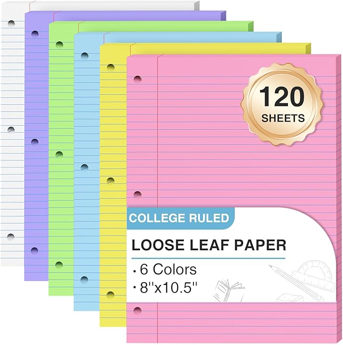 120 Sheets Loose Leaf Paper 8 x 10.5, 6 Colors Lined Paper College Ruled, 3-Hole Punched Notebook Paper 8 x 10.5, 3-Ring Binder Paper 20 Sheets/Pack, Colored Filler Paper for Office, School, Home