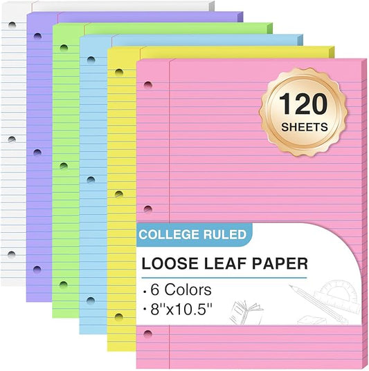 120 Sheets Loose Leaf Paper 8 x 10.5, 6 Colors Lined Paper College Ruled, 3-Hole Punched Notebook Paper 8 x 10.5, 3-Ring Binder Paper 20 Sheets/Pack, Colored Filler Paper for Office, School, Home