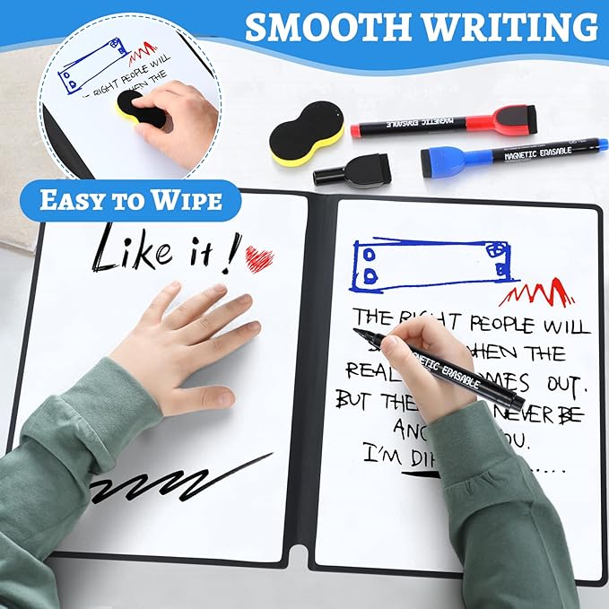 Marspark Portable Whiteboard Dry Erase Board 12.5" x 9" Large Reusable Folding Double Sided Notebook Memo with 3 Magnetic Marker Eraser Black Desk Accessories for Office School Study Meeting Planning