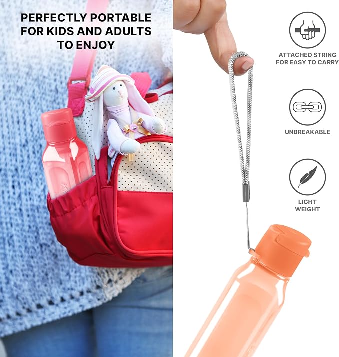Bulk 10oz Multicolor Square Reusable Water Bottles Set of 4 For Kids And Adults - Leak Proof With Carry Strap - Bpa Free Dishwasher Safe For Juice Drinks