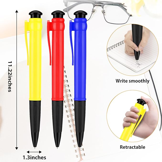 Jumbo Pens 11.3'' - Giant Pens for Birthday Party Favors, Funny Gag Gifts - 3 Pack Red, Blue, Yellow