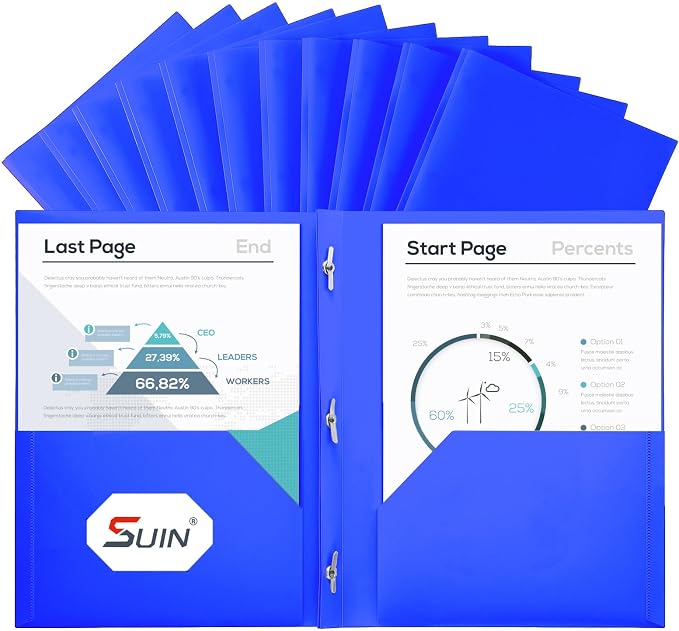 SUIN Plastic Project-Folder with 2 Pockets and 3-Prong Fasteners, for US Letter Size, Bulk Pack Color File-Folder for US Letter Size Papers, Ideal for School & Office, (Blue)