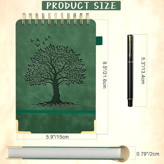 Mousbull A5 Top Spiral Notebook, Tree Pattern Large Leather Hardcover Left Handed Journal, 240 Pages 100 Gsm Lined Paper Top Bound Steno Pads for Work, School, Travel Writing - Green, 5.9" x 8.5"