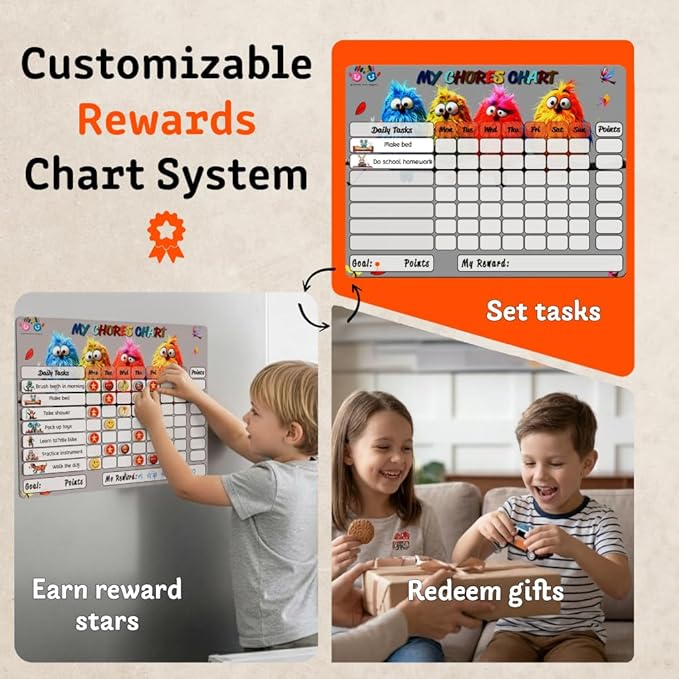 Mimi Doodle Magnetic Chore Chart for Kids – 16x12 Dry Erase Daily Responsibility Board for Fridge with 39 Chore tabs, 100 Reward Stickers – Behavior Chart for Kids at Home – Birds Theme