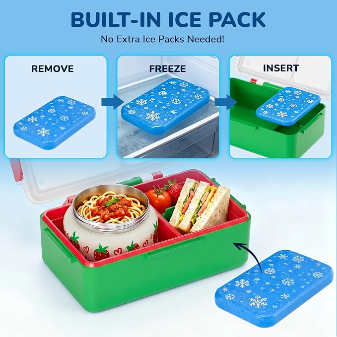 Bento Lunch Box for Kids–3 Compartment Leak Proof Insulated Lunch Container | Strawberry Design Lunch Box-With 12oz Stainless Steel Food Soup Jar & Built-in Ice Pack Bento Box for Boy Girls School Travel