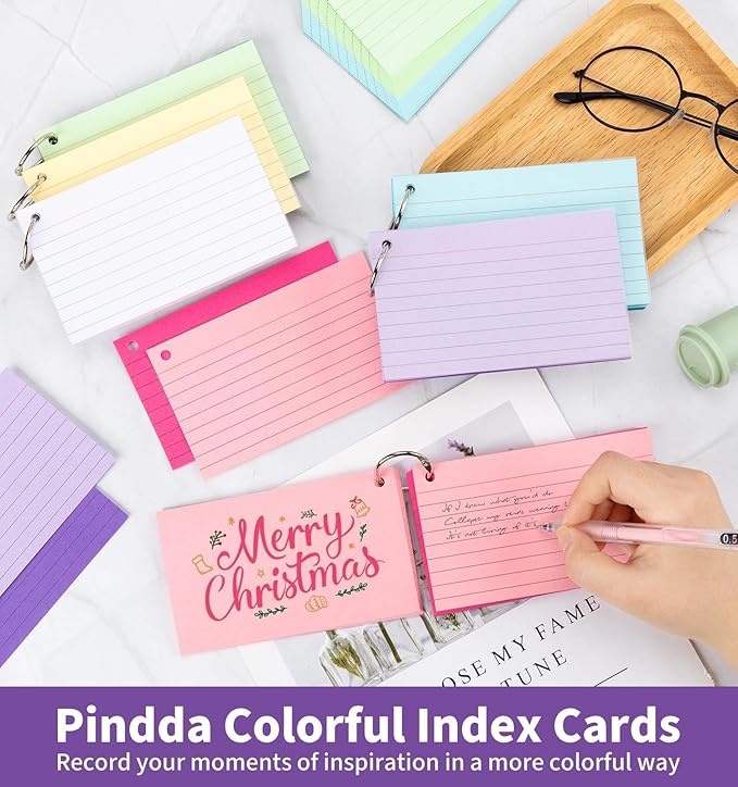 250 Count Colored Index Cards for Studying, 3x5 Inch Ruled Flash Cards 10 Color with Key Ring, 5 Packs of 50 Sheets Heavy Lined Study Note Cards with Waterproof Cover for School&Office Supplies
