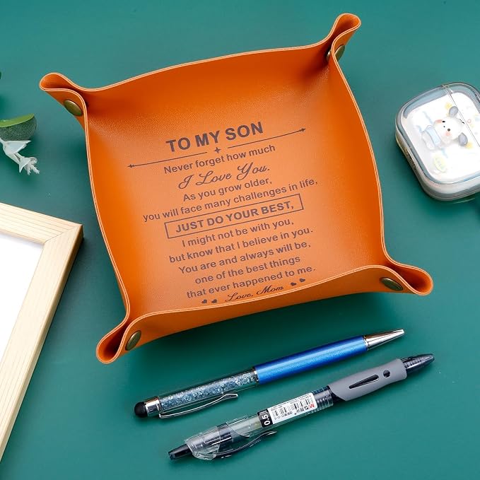 Son Gifts from Mom College Dorm Room Essentials for Boys Guys Back to School Supplies Gift for College Boy Senior Night Son 16-18 Birthday Gifts Fathers Day Presents for Men Christmas Leather Tray