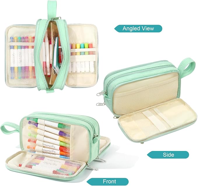 BuyCard Big Capacity Pencil Case, Corduroy Fabric, White with Mint Green Floral Pattern, Pencil Bag with Zipper Closure, Graduation Gift Office Stationery Storage Pen Pouch